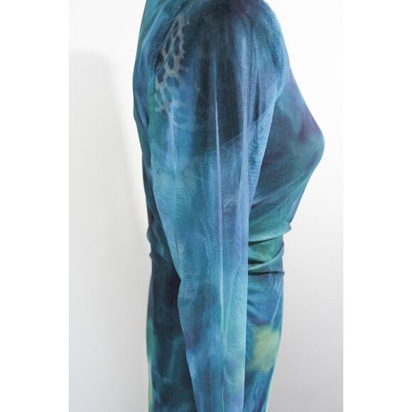 New Size Large Sheer Mesh Maxi Dress Womens Teal Green Swirl Long Sleeve Bodycon - Picture 4 of 4